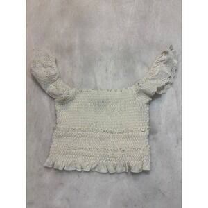 Blue Blush Off Shoulder Smocked Crop Top Eyelet Flutter Sleeve White Size S